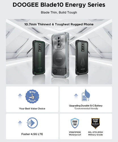 DOOGEE Blade10 Ultra Energy Rugged Phone Gemini AI 10.7mm Ultra-thin 6150mAh Battery Android 15 Widevine L1 Smartphone NFC