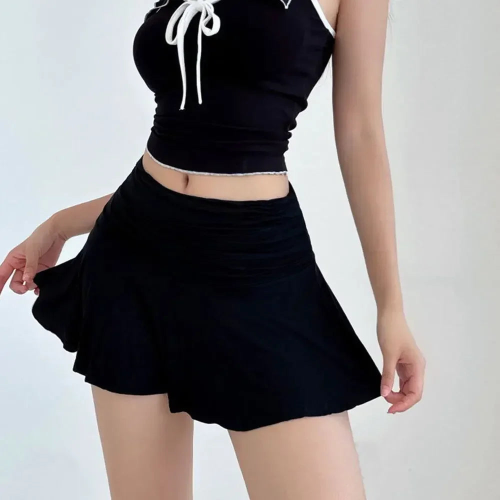 Sweet Flared Mini Skirt Fashion Versatile Black Low-Waisted mini Skirts Girls Tennis Dance Sports Short Skirts Summer Skirts