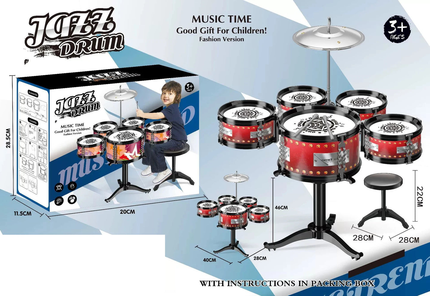 Toddler Drum Set Kids Jazz Drum Kit Educational Percussion Musical Instruments Toy Playset Christmas Birthday Gift for Boys Girl