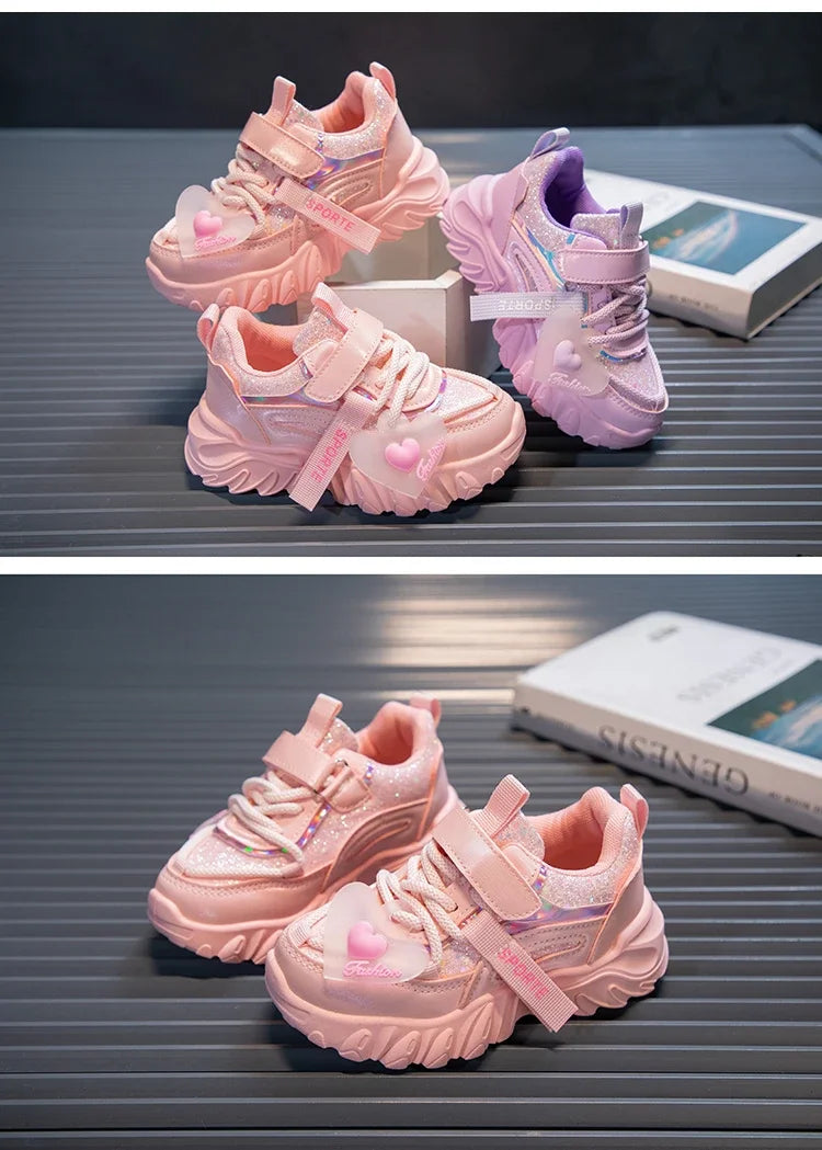 Girls Sports Shoes Kids Running Sneakers for School Fashion Cute Shiny Non-slip Children's Casual Shoes with Heart Spring Autumn