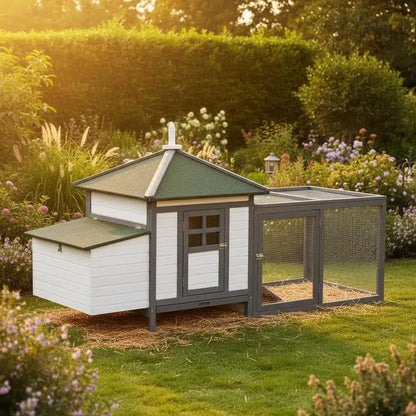 Pollino for Bantam Chickens, 196 X 76 X 97 Cm, Weather-Resistant, with Nesting Box, Run and Resting Bar; Wooden Hut for Small Animals for 1-2 Chickens, Gray