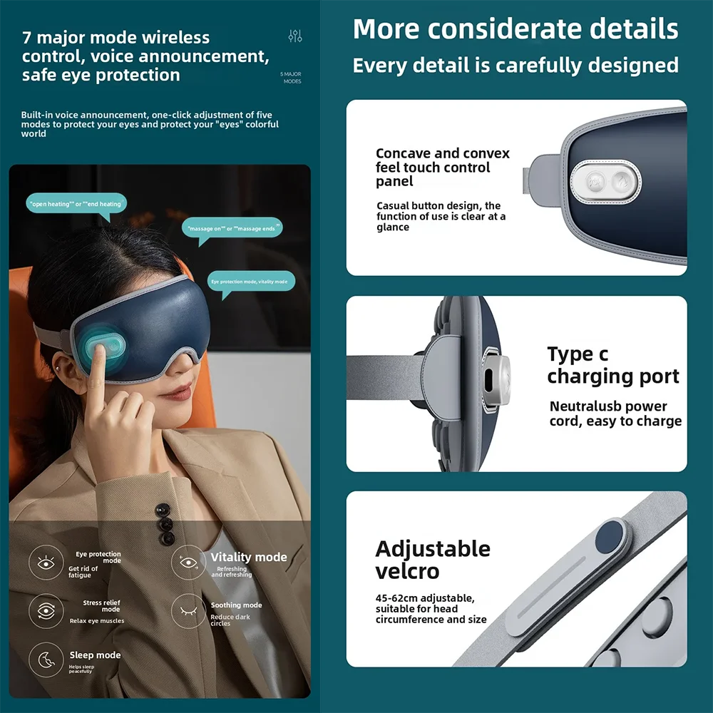 7 Mode Smart Eye Massager USB Charging Eyemask 3D Vibration Massage Eye Relax Warmth Sleep Shading Office Home Travel Eye Mask