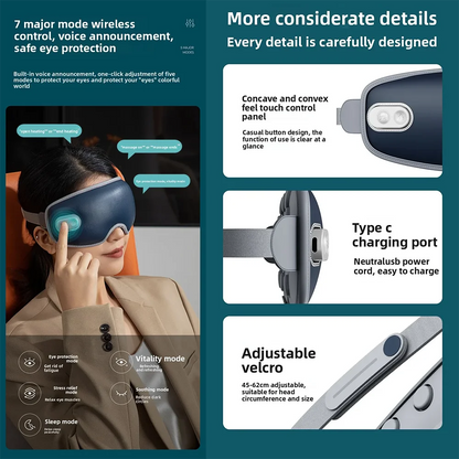 7 Mode Smart Eye Massager USB Charging Eyemask 3D Vibration Massage Eye Relax Warmth Sleep Shading Office Home Travel Eye Mask