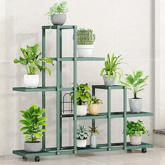 Plant Stand Indoor Outdoor Wrought Iron Corner Multiple Flower Planter Rack Organizer With Wheels For Room Balcony Garden Patio