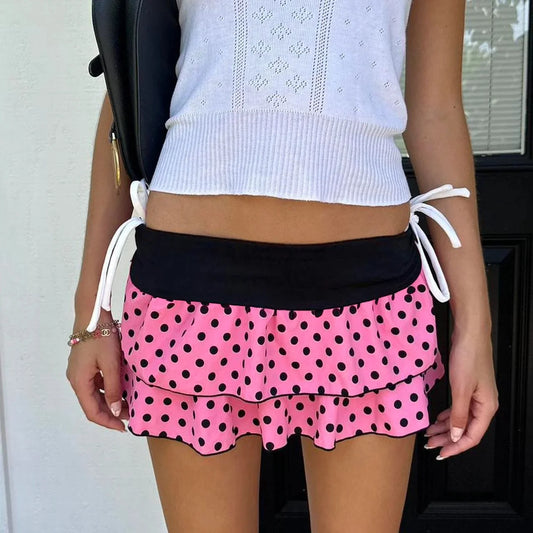 Preppy Style Chic Dots Print Mini Skirts Harajuku Cute Korean Bottoms for Women Fashion Kawaii Low Waist Layered Mini Skirts