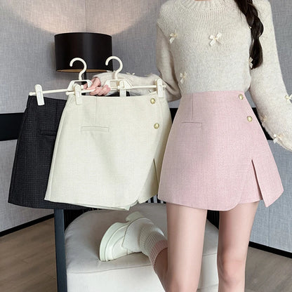 Autumn Winter Tweed Skirts Shorts Women Fashion Streetwear Cross Irregular Booty Shorts Pink Black Culottes Wide Leg Short Pants