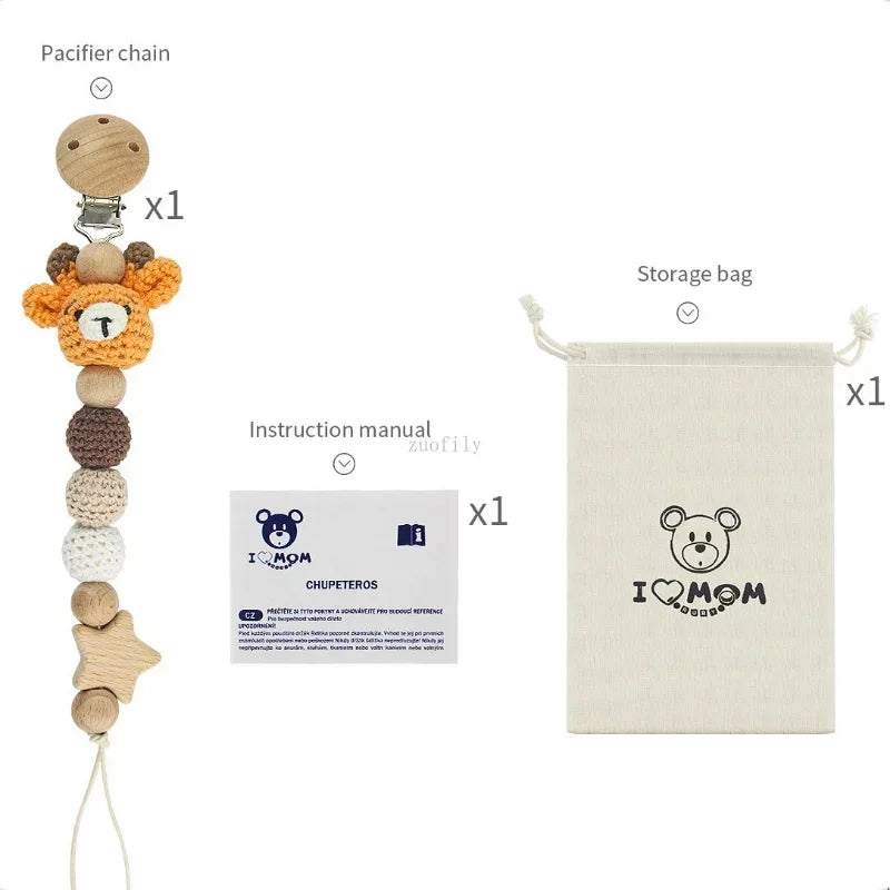 Cartoon Bunny Pacifier Chain Clip Wood Crochet Bear Teething Chain Baby Teether Soother Holder Newborn Chew Toys Pacifier Clips