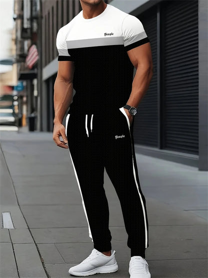 New Men's Letter Print Two-piece Set Outdoor Casual Round Neck Short Sleeve Drawstring Long Pants Plus Size Loose Fit Outfit