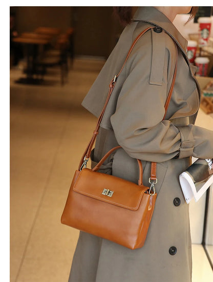 Genuine Leather Top Handle Crossbody Bag for Women Vintage Oil Wax Leather Shoulder Bag Small Luxury Designer Satchel Handbag