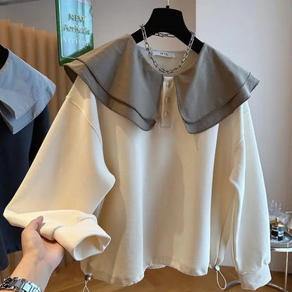 Women Trend Double-Layer Peter Pan Collar Cute Sweet Sweatshirt Casual Streetwear Y2K Oversized Hoodie Long Sleeve Pullover Tops