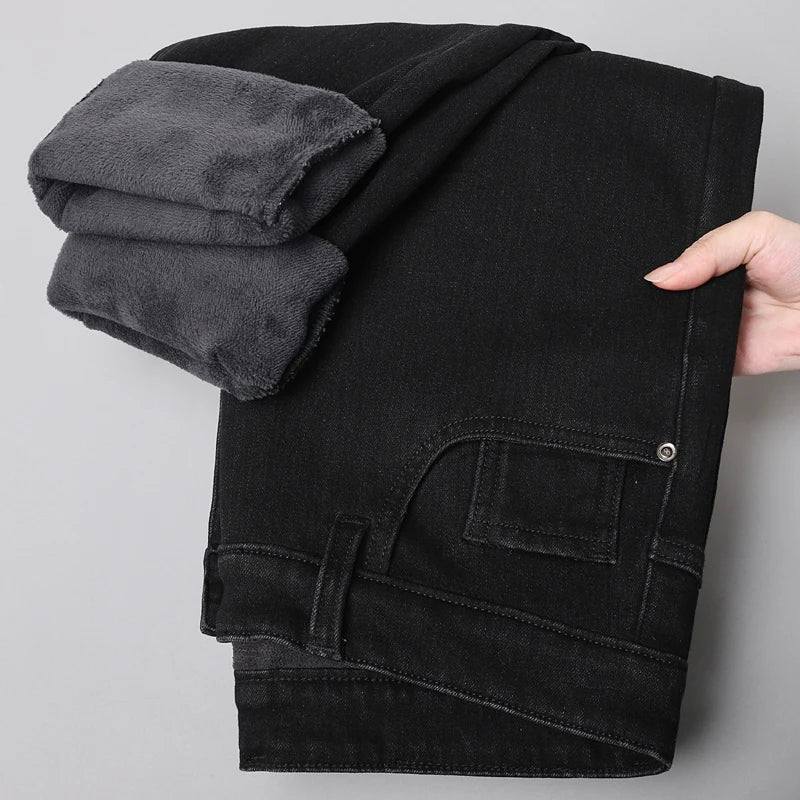 Men's Winter Stretch Fleece Jeans Thickened Warm Loose Straight Velvet Denim Trousers Classic Business Casual Black Work Pants
