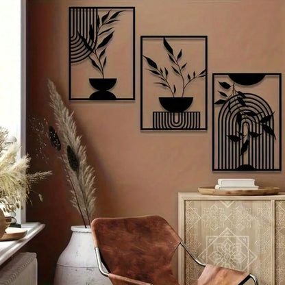 Metal Wall Art Black Iron 3-Piece Set, Abstract Line Decor for Living Room Bedroom Indoor Outdoor