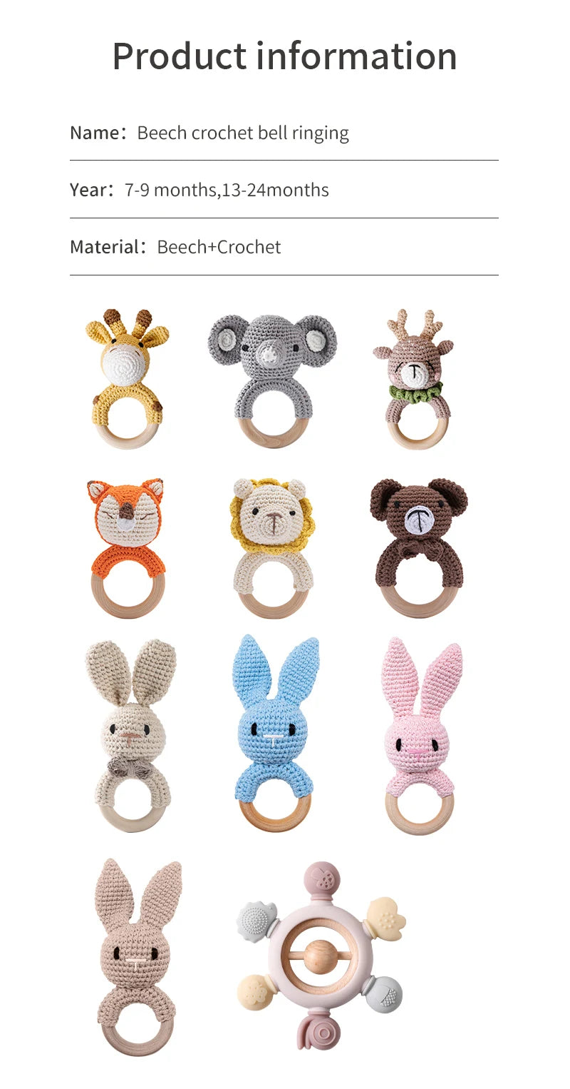 1pc Baby Teether Music Rattles for Kids Animal Crochet Rattle Elephant Giraffe Ring Wooden Babies Gym Montessori Children's Toys