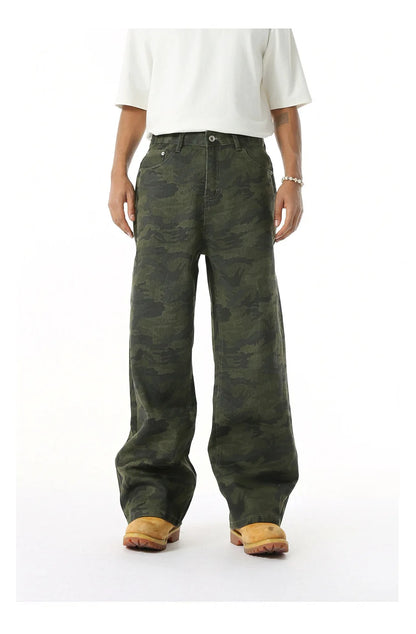 2025 Four Seasons Men's Youth Popular Multi color Pattern Camouflage Pants Basic Versatile Straight Wash Casual Cowboy Pants