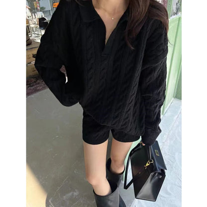 Autumn Winter Pullover Loose Women Sweater Knitted Shorts 2 Two Piece Sets Office Fashion Outfits Lapel Casual Long Sleeve Tops