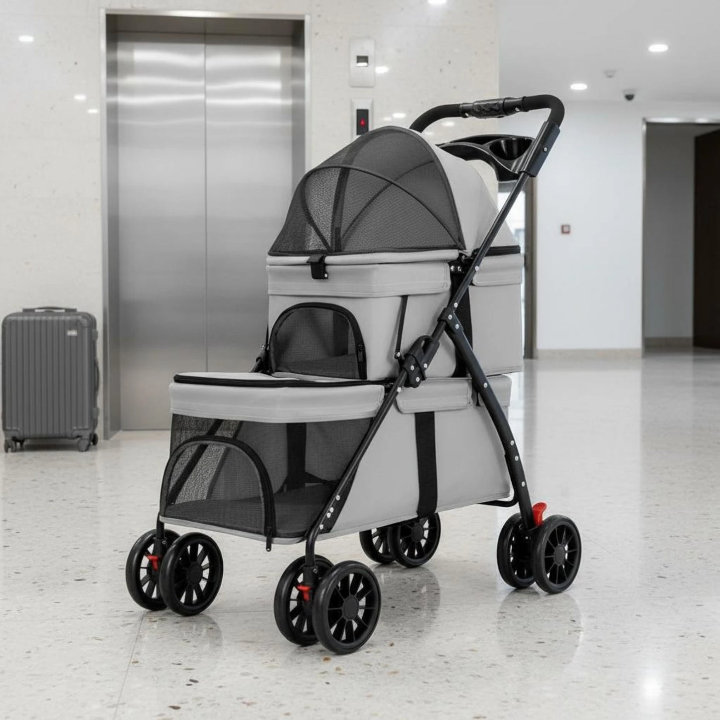 Double-Deck Pet Stroller Lightweight Small Dog Feline Stroller Pet Transport Breathable Mesh Washable for Outdoor, Travel