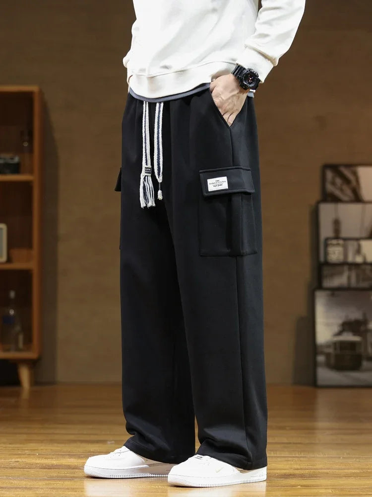 2024 New Sweatpants Men Multi-Pockets Drawstring Cotton Casual Wide Pants Male Loose Straight Trousers Large Size 8XL