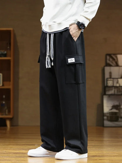 2024 New Sweatpants Men Multi-Pockets Drawstring Cotton Casual Wide Pants Male Loose Straight Trousers Large Size 8XL