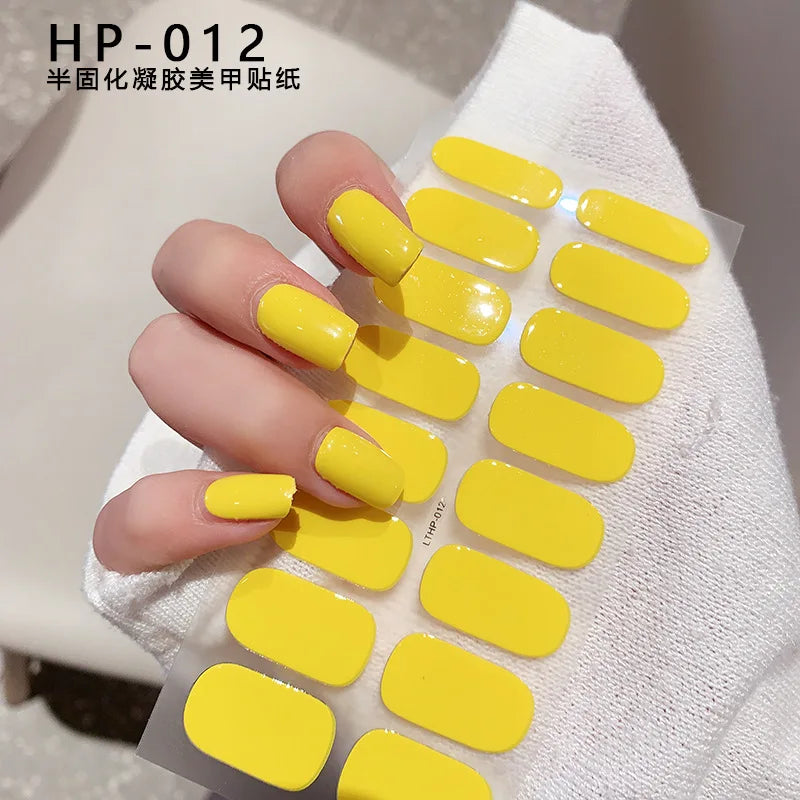 16Tips UV Semi-Cured Gel Nail Wraps Sticker 5D Pure Color Full Cover UV Lamp Gel Sticker Long-Lasting Nail Extension Patch Strip
