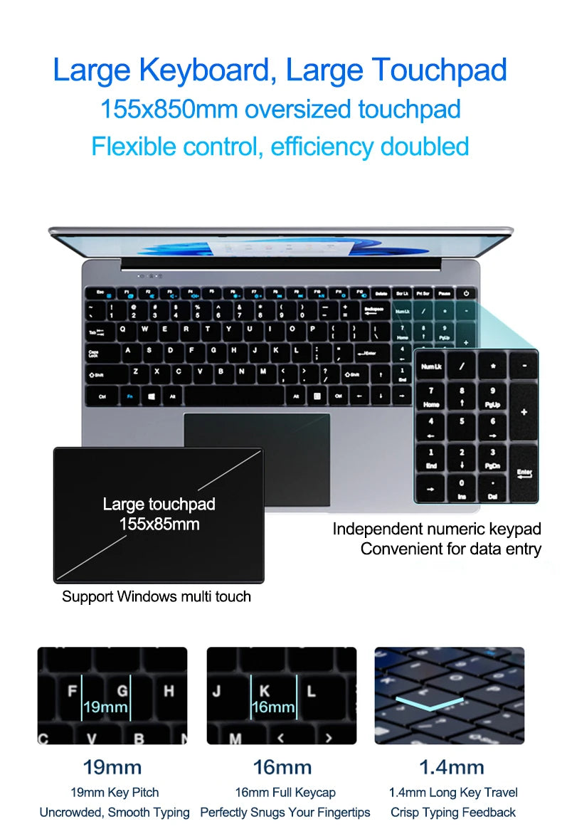 Lightweight 15.6" Laptop Intel 6500Y 32GB RAM 2TB SSD 5000mAh Windows 11 Backlit Keyboard Fingerprint for Business & Gaming
