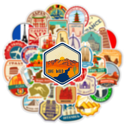 10/25/50pcs Retro World Travel Landmark Stickers Graffiti Vintage Post Stamp Style for Scrapbook Luggage Laptop Phone Car