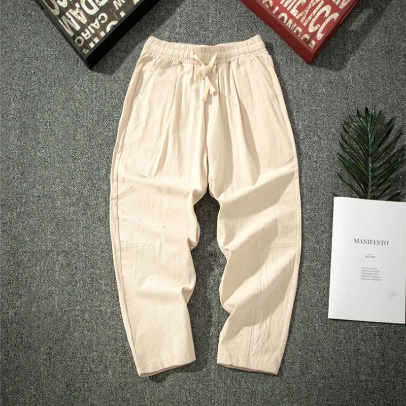 Streetwear Men Cotton Trousers Casual Solid Color Long Pants Breathable Drawstring Straight Pants Harem Pants Men Baggy Pants