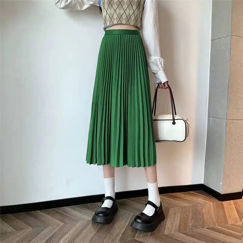 Women Summer Solid Pleated Satin Long Skirt Korean New Fashion Ladies Work Casual Elastic High Waist A Line Party Loose Skirts