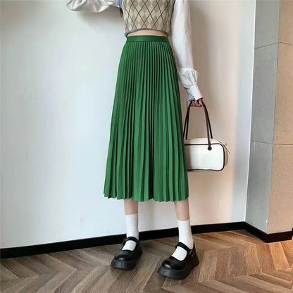 Women Summer Solid Pleated Satin Long Skirt Korean New Fashion Ladies Work Casual Elastic High Waist A Line Party Loose Skirts