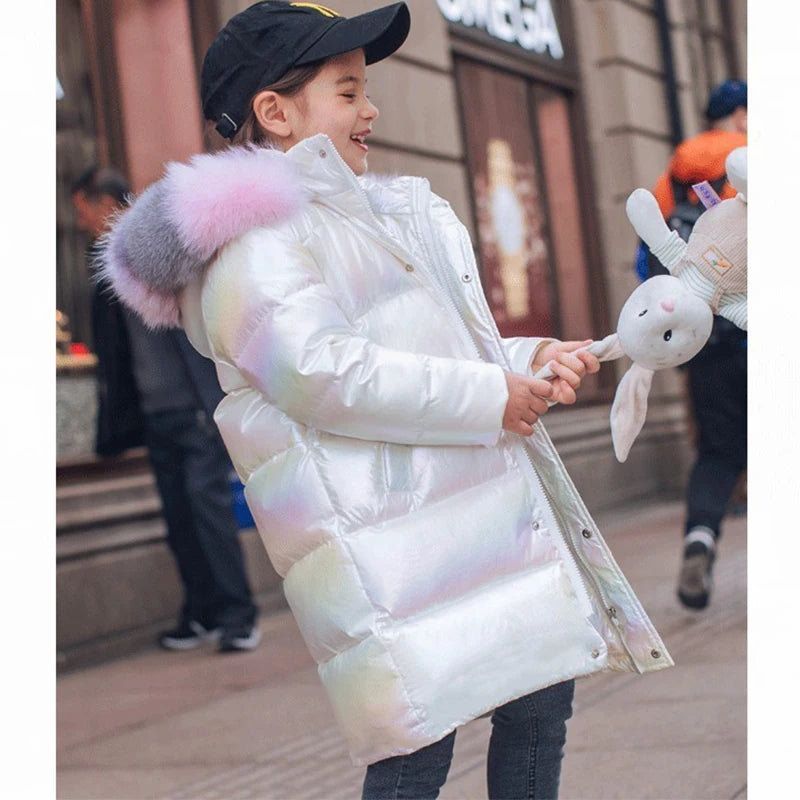 Winter Girls Shiny Hooded Down Jacket Fur Collar Windproof Coat Teenage Outerwear Kids Parka Snowsuit Clothing New 5-14 Years