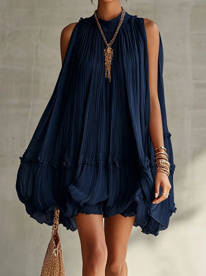 2026 Women Solid O-Neck Princess Party Dress Spring Summer Sexy Sleeveless Ladies Loose Ruched Dresses Streetwear Dropshipping