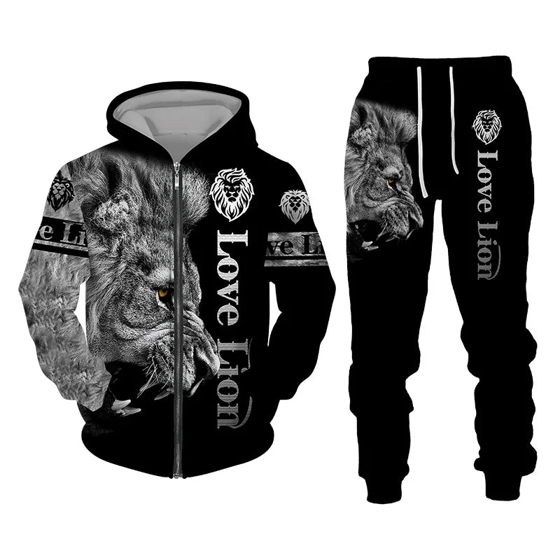 Spring and Autumn Men's Tracksuit 3D The Lion Print Zipper Hoodies Sweatshirts Pants Sets Casual Mens Clothing Women's Tracksuit