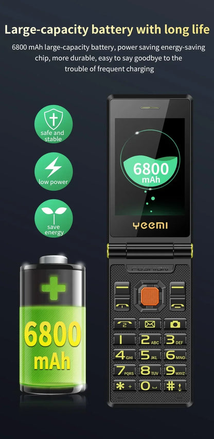YeeMI M7+ 4G Rugged Feature Phone Big Button Full Band Flip Phone Dual SIM Dual Screen Cellphone For Old Man 6800mAh Big Battery
