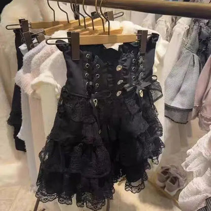 Japanese Sweet Lolita Style Mini Skirt Women Retro Elegant Lace Bandage Party Cake Skirts Female Gothic Y2k Metal Buckle Skirts