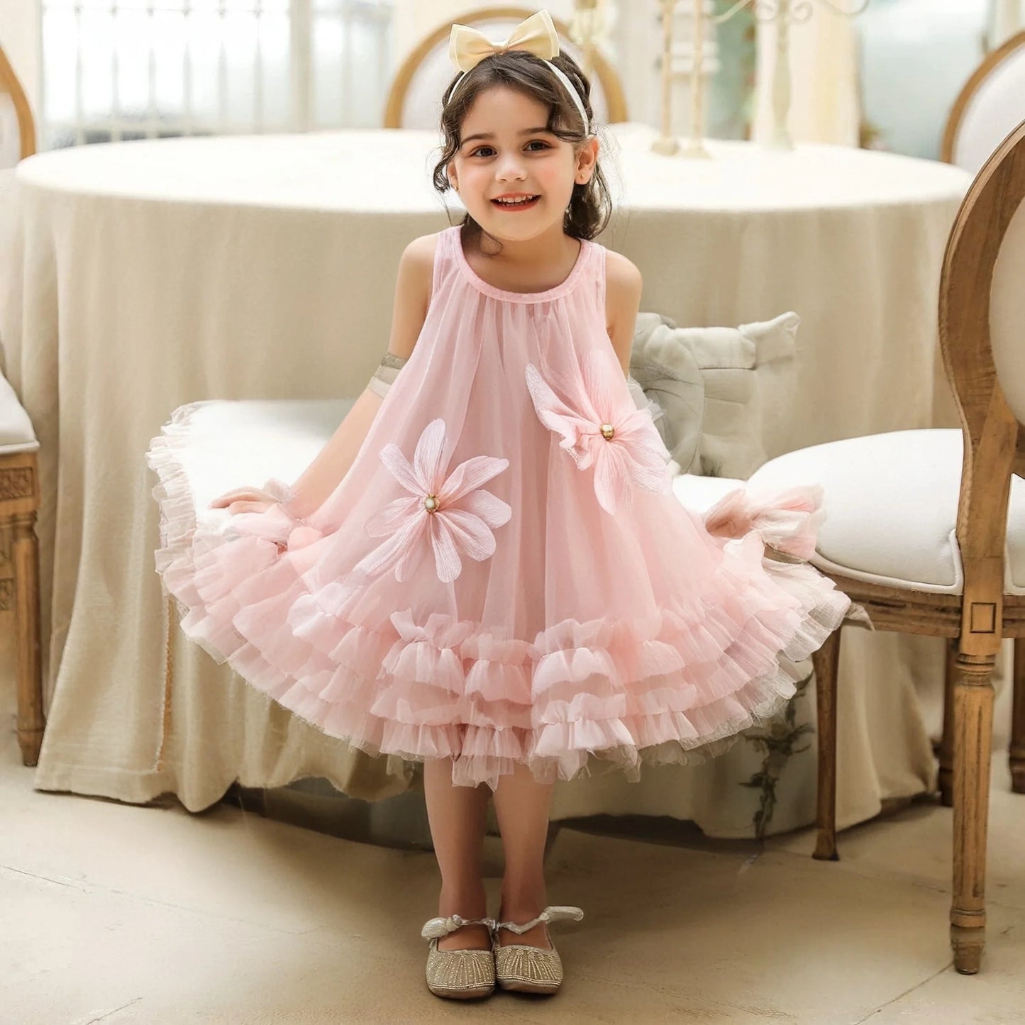 Baby Girl Princess Dress Summer New Solid Color Floral Chiffon Children'S Clothing For Birthday Parties (9 Months -3 Years Old)