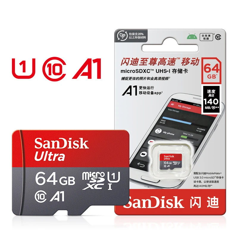 100% Original SanDisk Memory Card 256GB 128GB 64GB 32GB A1 Micro SD Card Class 10 UHS-1 TF Flash Card for Samrtphone/PC