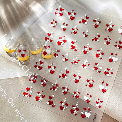 3D Valentine's Day Love Heart Nail Art Sticker Red White Cross Stars Self-Adhesive Nail Decals 8*10cm Kawaii Heart Nail Sticker
