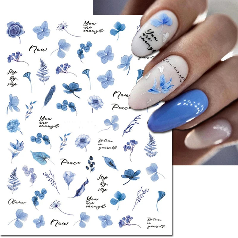 3d Nail Art Decals Elegant White RoyalBlue Roses Flowers Adhesive Sliders Nail Stickers Decoration For Nail Manicure