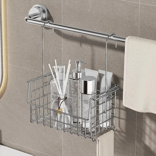 Stainless Steel Bathroom Shelf No-Drill Shower Holder Hanging Organizer Tall-Rail Shower Storage Rack Shower Basket With Hooks