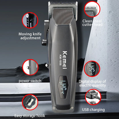 Kemei KM-1856 Professional Hair Clipper LED Display Cordless USB Interface Professional Men's Haircut Machine Hair Cutting
