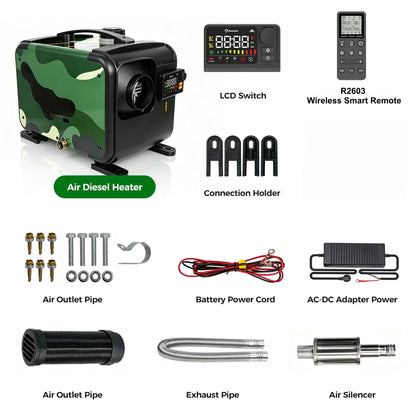 8KW Portable Horizontal Diesel Air Heater 12V Bluetooth LCD Adapter For Car Truck RV Camper Motorhome Campinging Home Heating