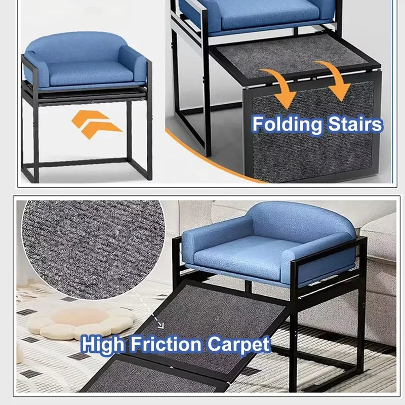 ZMaker 2026 Customizable Metal Frame Elevated Dog Bed with Ramp Non Slip Foldable Dog Stairs Ramps with Seat Cushion