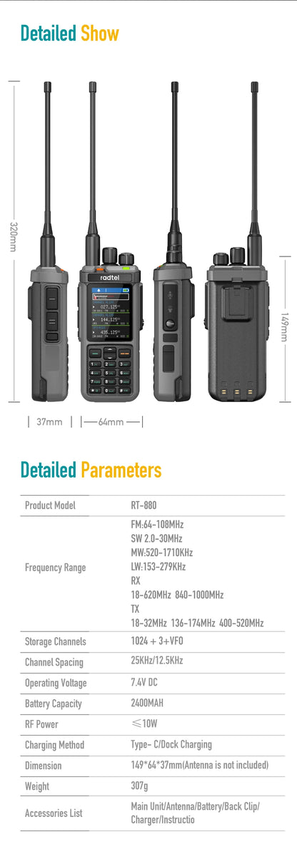 Radtel RT-880G 10w APRS+GPS Ham Radio with Cross Band Repeater Short Wave HF SSB CB  Walkie Talkie  AM USB LSB CW 1024 Channels
