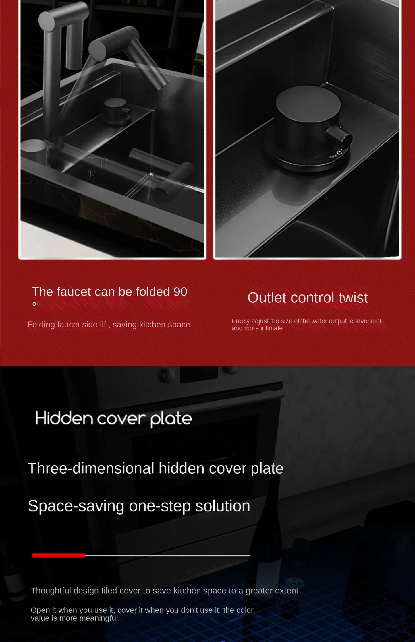 55cmx32cm 304 Nano Stainless Steel Hidden Sink Folding Faucet with Large Single Slot and Cover Plate Bar Counter Cup Washer