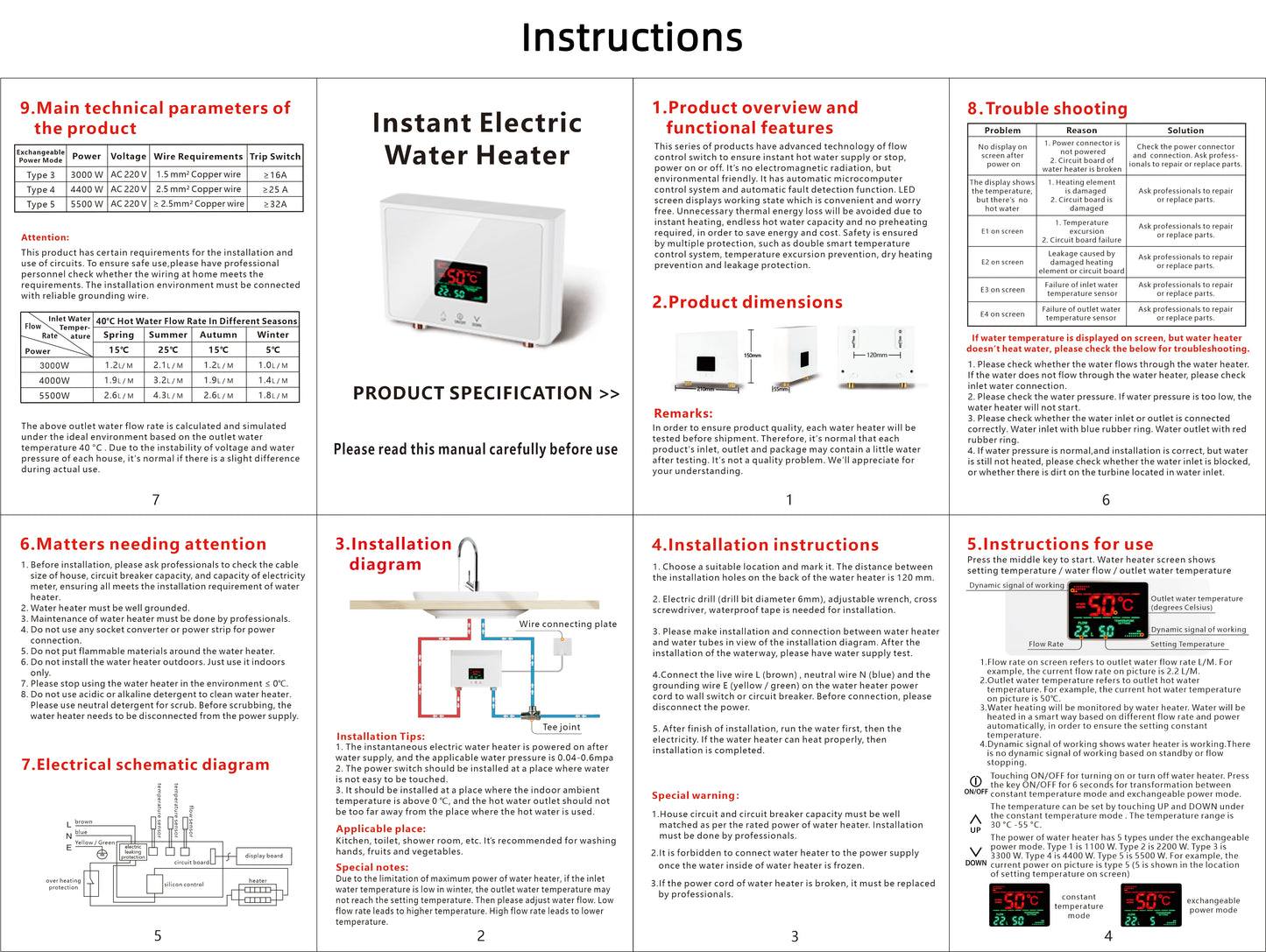110V 220V Instant Water Heater Kitchen Bathroom Wall Mounted Electric Water Heater Hot Water Shower with LCD Temperature Display