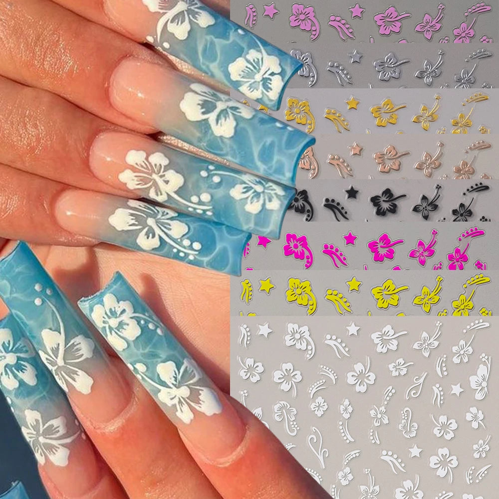 5D Hibiscus Flower Nail Embossed Sticker Acrylic Pink White Gold Petal Leaf Adhesive Decal Butterfly Dragon Floral Elegant Decor