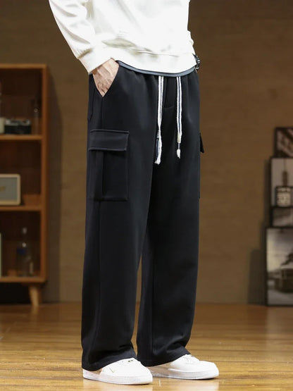 2024 New Sweatpants Men Multi-Pockets Drawstring Cotton Casual Wide Pants Male Loose Straight Trousers Large Size 8XL