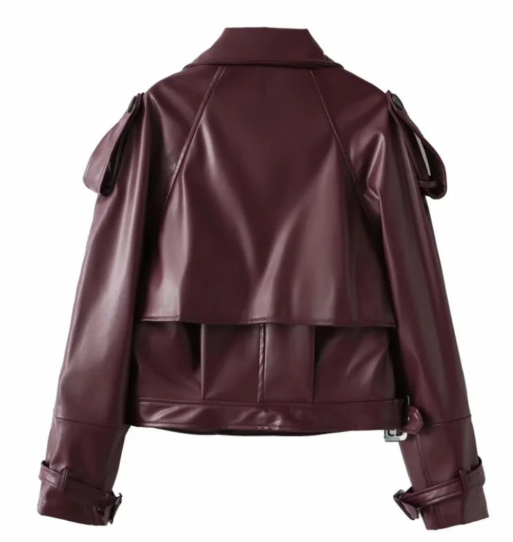 Vintage Lapel Leather Biker Jacket Women Bomber Jacket Short Coat Streetwear Zip Long Sleeve Windproof Outerwear Black Wine Red