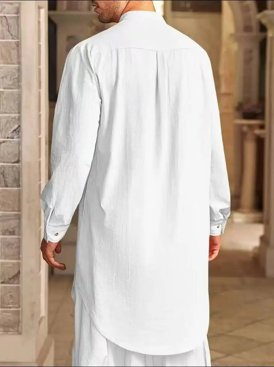 Men's Muslim Dress Long-sleeved Clothing 100% Cotton Pullover Kaftan Robe Men Jubba Thobe Pakistan Saudi Arab Caftan Islamic Top