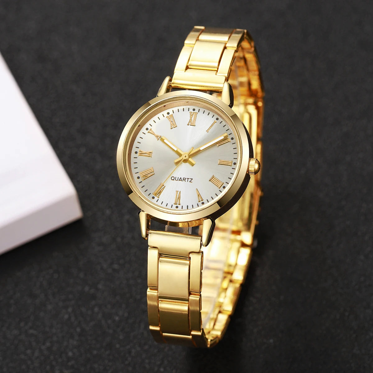 6PCS Women Watch Jewelry Set - Fashion Quartz Watch + Crystal Infinity Bracelet Necklace Earring Ring for Ladies（Without Box）