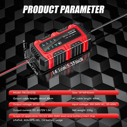 Motorcycle Battery Charger 6V/12V Auto Charging Maintainer Trickle Charger for Car Battery for Boat RV Truck Lawn Mower Golf